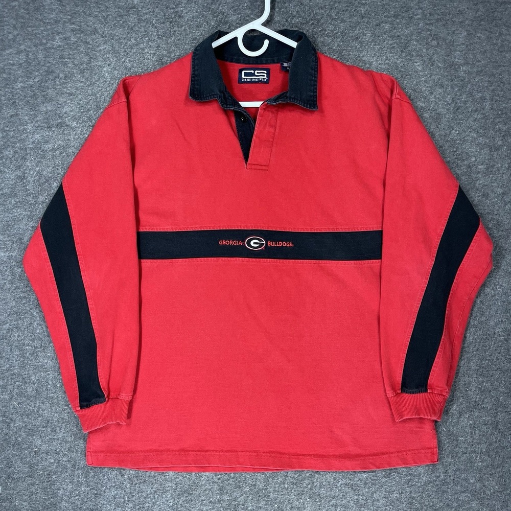 Vintage University of Georgia Bulldogs Rugby Shirt Mens L Red Black Striped SEC - Picture 1 of 14